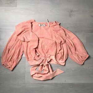 AMUR WOMENS PINK RUFFLE LONG PUFF SLEEVE CROP WRAP TIE SMALL